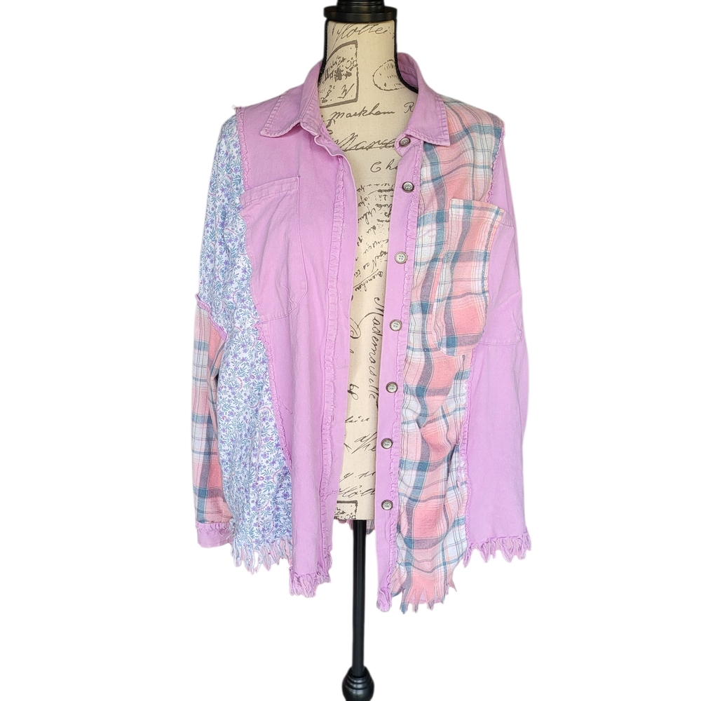Blue Velvet Patchwork Boho Shacket Raw Hem M